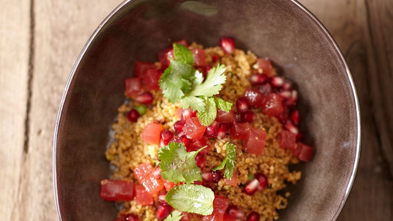 Taboulé met granaatappel, watermeloen en kruiden – Recept